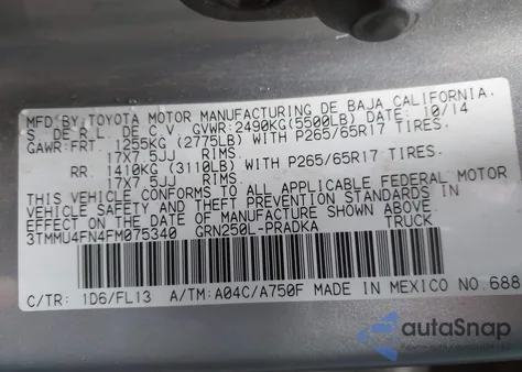 2015 Toyota Tacoma Base V6 z USA, uszkodzony, nr VIN 3TMMU4FN4FM075340